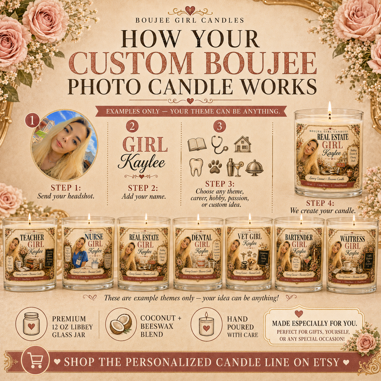 How custom Boujee photo candle works send photo name theme