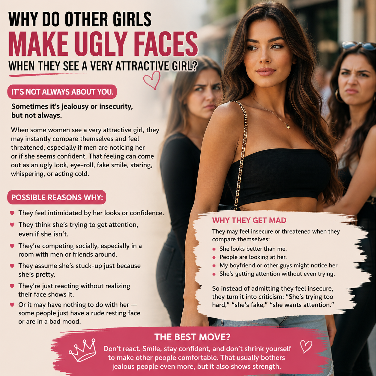 Confident woman staying unbothered while others react with judgmental faces