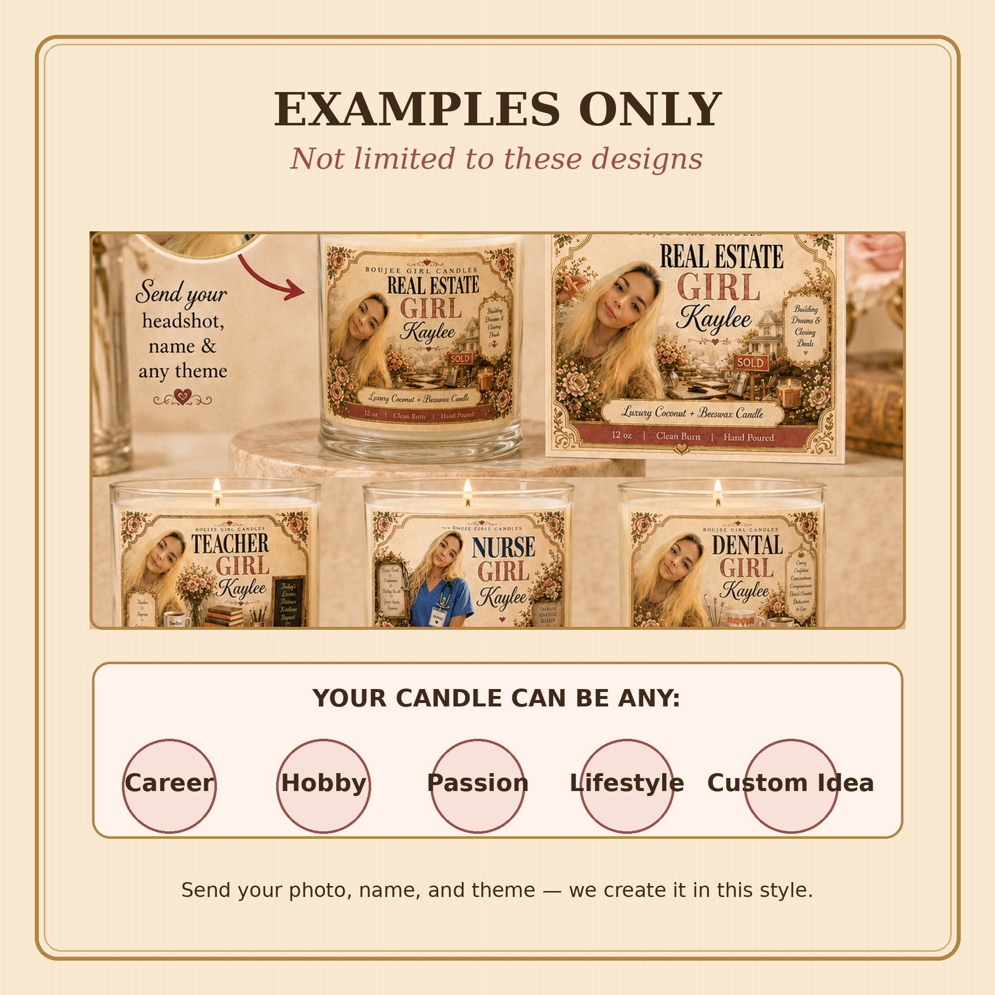 Examples only any career hobby passion or custom theme personalized candle